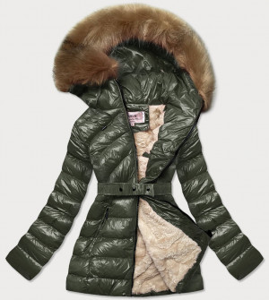 Lesklá zimní bunda v khaki barvě s mechovitou kožešinou (W674) khaki XXL (44)