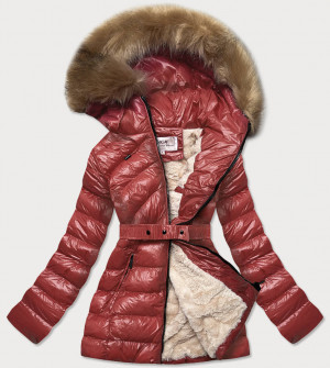 Lesklá zimní bunda ve vínové bordó barvě s mechovitou kožešinou (W674) červená S (36)