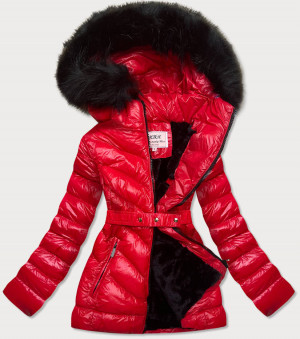 Červená lesklá zimní bunda s mechovitou kožešinou (W673) červená S (36)