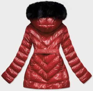 Lesklá zimní bunda ve vínové bordó barvě s mechovitou kožešinou (W673) červená XXL (44)