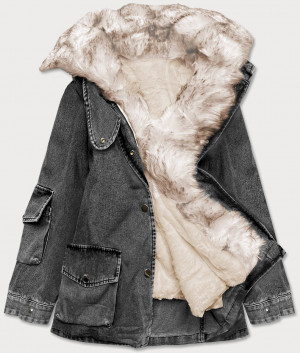 Černo/béžová dámská džínová bunda s kožešinovým límcem (BR9585-1046) černá XS (34)