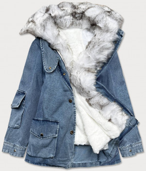 Světle modro/bílá dámská džínová bunda s kožešinovým límcem (BR9585-50026) modrá XS (34)