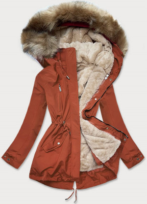 Rudo-světle béžová dámská zimní bunda s mechovitým kožíškem (W553) Béžová S (36)
