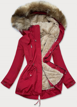Červeno-tmavě béžová dámská zimní bunda s mechovitým kožíškem (W553) červená XXL (44)