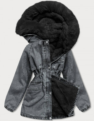 Černá dámská džínová bunda s kožešinovou podšívkou (BR8048-101) černá XXL (44)