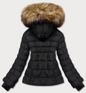Černo-béžová krátká dámská zimní bunda s kožešinou (5M768-392) černá S (36)