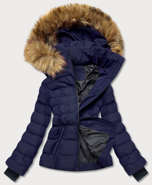 Tmavě modrá krátká dámská zimní bunda s kožešinou (5M768-215) Modrá S (36)