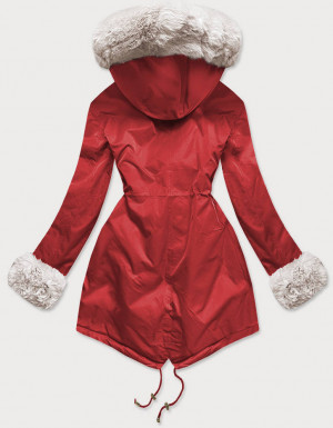 Červeno-ecru dámská zimní bunda parka s mechovitým kožíškem (B530-4046) červená XL (42)
