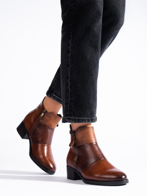 Originální dámské  kotníčkové boty hnědé na širokém podpatku