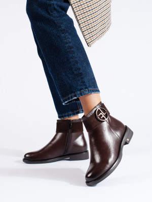 Moderní hnědé  kotníčkové boty dámské na plochém podpatku