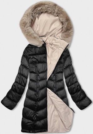 Černo-béžová oboustranná dámská zimní bunda s kapucí (B8203-1046) černá