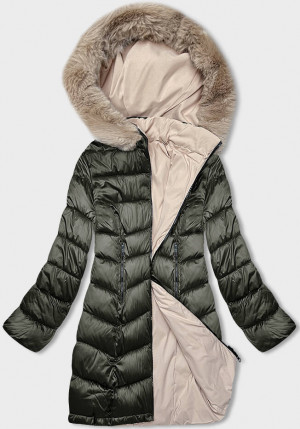 Khaki-béžová oboustranná dámská zimní bunda s kapucí (B8203-11046) zielony