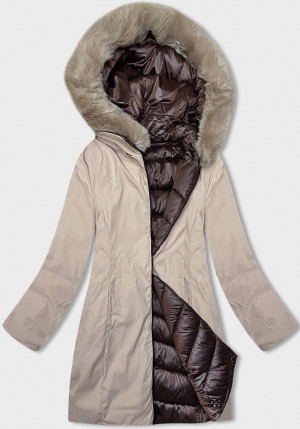 Hnědo-béžová dámská zimní oboustranná bunda s kapucí (B8202-14046) Hnědá S (36)