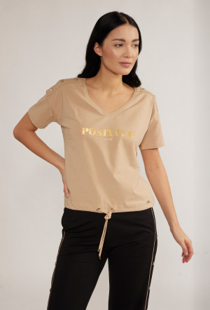 Monnari Halenky Bavlněné dámské tričko s žebrováním v dolní části Béžová barva