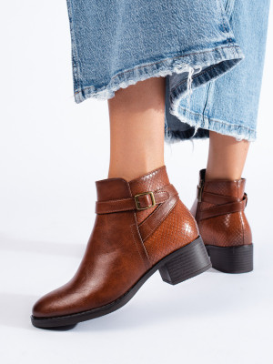Komfortní hnědé  kotníčkové boty dámské na širokém podpatku